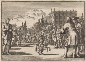 Op een plein te Madrid heeft zich een menigte verzameld rondom Louisillo, de dwerg van de koning van Spanje, 1675 door Jan Luyken