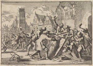 Oproer te Dordrecht waarbij een afbeelding van Cornelis de Witt door het volk wordt vernield, 1672