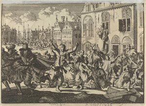 Oproer te Enkhuizen waarbij de huizen van vice-admiraals Kwast en Turk worden vernield, 1635 door Jan Luyken