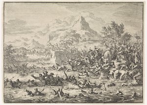 Placidus verslaat de Joden bij de Jordaan en drijft ze in de rivier door Jan Luyken