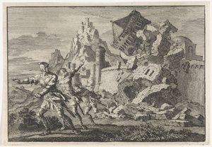 Romeinse soldaten hebben een toren op de muur van Gamala door ondergraving doen instorten door Jan Luyken