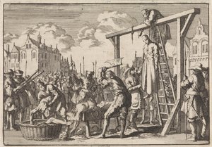 Te Londen wordt de Jezuïet William Ireland opgehangen en John Grove wordt gevierendeeld vanwege een voorgenomen koningsmoord, 1679 door Jan Luyken