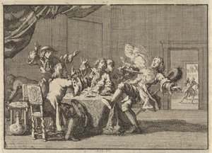 Thomas Tullock, aanhanger van koning Jacobus II in Schotland, wordt gedood door het onverwacht afgaan van zijn pistool, 1690 door Jan Luyken