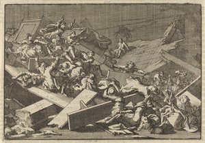 Vloer van de huiskerk van de keizerlijk gevolmachtigde graaf von Bercka stort in, 1697 door Jan Luyken
