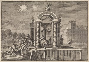 Vluchtende pyrotechnici bij een grote versiering op de Vijverberg te Den Haag ter ere van de geboorte van de zoon van koning Jacobus II, 1688 door Jan Luyken