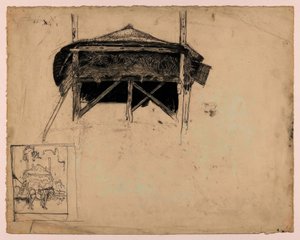 Studie van een hooiberg, linksonder: schets van een paard voor een hooiberg door Jan Mankes