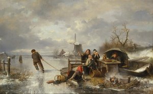 Kinderen spelen op een bevroren meer in een winterlandschap