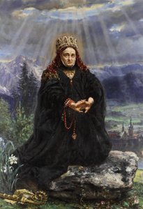 De heilige Kinga bidt temidden van het Sącz-gebergte.