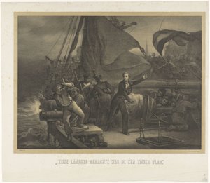 Jan van Speijk op het punt de lont in het ruim te gooien, 1831