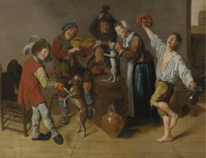 Vrolijk gezelschap dat muziek maakt en danst in een interieur door Jan Miense Molenaer