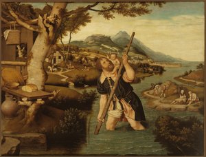 Landschap met Sint Christoffel, eerste helft van de 16e eeuw door Jan Mostaert