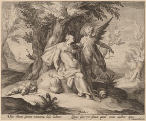 Hagar in de Woestijn Getroost door een Engel door Jan Muller