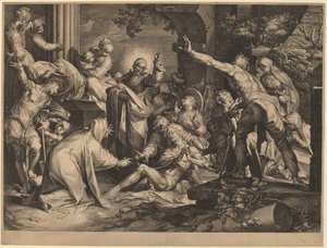 De opwekking van Lazarus door Jan Muller after Abraham Bloemaert