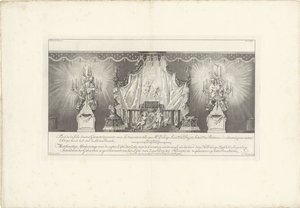 Achterzijde van de zaal met het praalbed van prins Willem IV, 1751