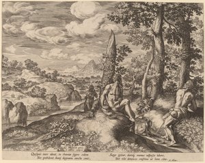 Landschap met Drie Naakte Mannen en een Hond door Jan Sadeler I after Gillis Mostaert