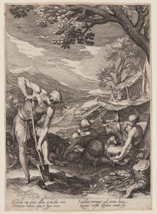 Adam en Eva aan het werk, uit Geschiedenis van de eerste ouders van de mens door Jan Saenredam