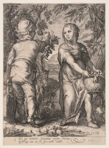 Herfst (Jongen en meisje oogsten fruit), uit De vier seizoenen door Jan Saenredam