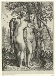 Diana en een nimf voor een boom