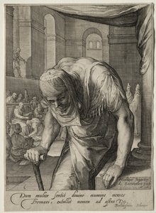 Heldinnen van het Nieuwe Testament: De Kreupele Vrouw Genezen door Christus door Jan Saenredam