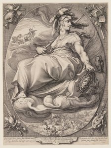 Pallas Athena, uit Drie Godinnen Zittend in de Wolken door Jan Saenredam