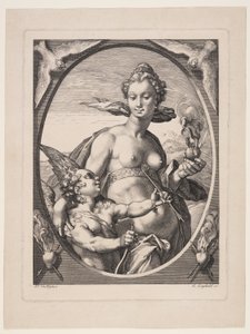 Venus en Amor, uit Drie heidense goden of godinnen door Jan Saenredam