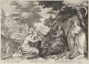 Vijf wijze maagden in een landschap met de prediking door Johannes de Doper door Jan Saenredam
