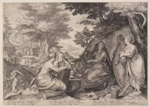 Wijze maagden verzameld in een landschap voor de prediking van de Doper, uit de parabel van de wijze en dwaze maagden door Jan Saenredam