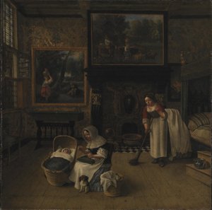 Interieur met een vrouw die borduurt en een kind in een wieg wiegt door Jan Siberechts