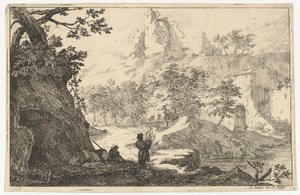 Landschap met ruïnes van een kasteel op een heuvel, begin 18e eeuw