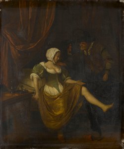 Scène in een bordeel met een oude man die geld geeft aan een meisje
