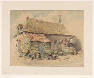 Boerenhuis met houten aanbouw, ervoor een kruiwagen en een slijpsteen door Jan Striening