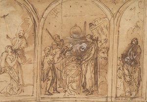 Een Ontwerp voor een Drieluik met de Aanbidding van de Twee Heiligen, vroege 17e eeuw door Jan Symonsz. Pynas