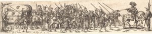 Troep soldaten, vooraan een officier te paard door Jan Theodor de Bry