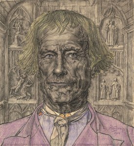 Portret van een oude boer voor een kathedraal, 1904