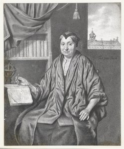 Portret van een oudere vrouw, zittend met astronomische instrumenten door Jan Thopas