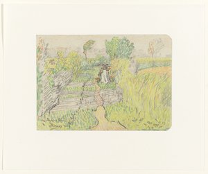 Boerin met juk met melkemmers op de schouders, lopend door een korenveld door Jan Toorop