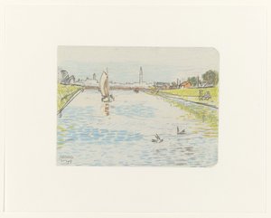 Gezicht op een kanaal met een zeilschip door Jan Toorop