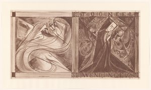 Omslag voor Wendingen met een non met bloemen en twee geesten, waarvan één met een masker in zijn hand