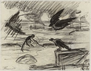 Zeegezicht met visser, op de voorgrond een kruiwagen met vogels