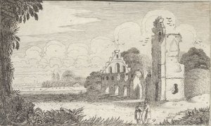 Landschap met een kerk in ruïnes en twee herders in gesprek