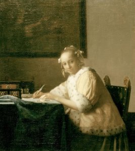Briefschrijfster in geel door Jan Vermeer van Delft