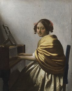 Een jonge vrouw zittend aan een virginaal, ca. 1670