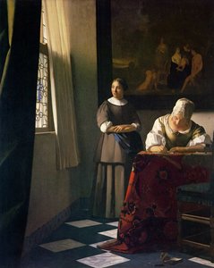 Dame die een brief schrijft met haar dienstmeid