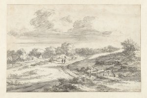 Duinlandschap met figuren langs een weg, met een huisje in de verte door Jan Vermeer van Haarlem (I) (attributed to)