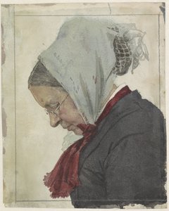Oude vrouw met hoofddoek en rode sjaal