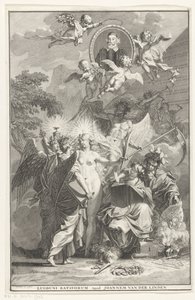 Allegorische titelpagina met het portret van schrijver Edward Simson Titelpagina voor: Edward Simson, Chronicon historiam catholicam complectens, 1729