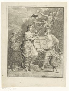 Personificaties van de Oostenrijkse Nederlanden en Frankrijk Titelpagina voor: François Halma, Het groot Fransch en Nederduitsch woordenboek, 1761