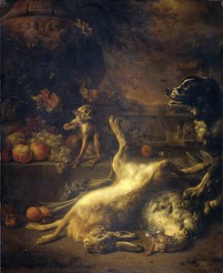 Een aap en een hond met dood wild en fruit