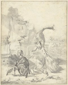 Hoenderhof met een pauw en twee kalkoenen