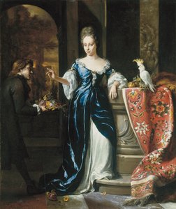 Portret van Lodewina Schey in een blauwe jurk, met een bediende die bloemen draagt